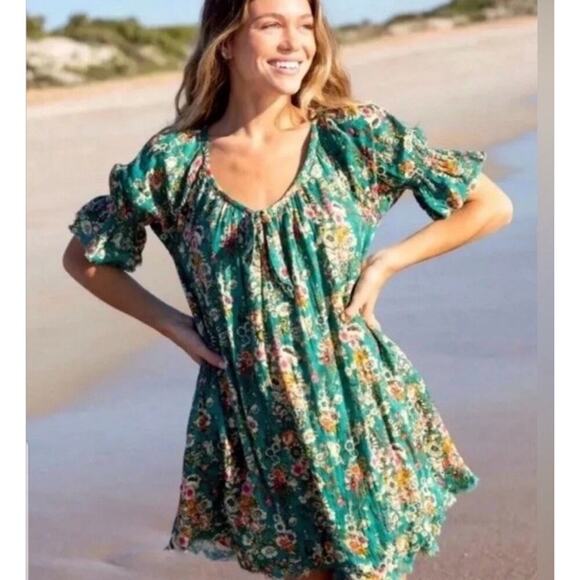 Natural Life Womens Sienna Floral Boho Mini Dress Sz M Puff Sleeve Cotton Gauze - Picture 1 of 11